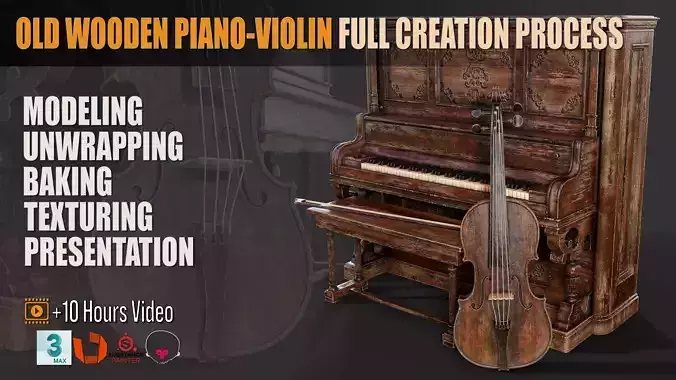 Old Wooden PianoViolin Full Creation Process Low-poly 3D model