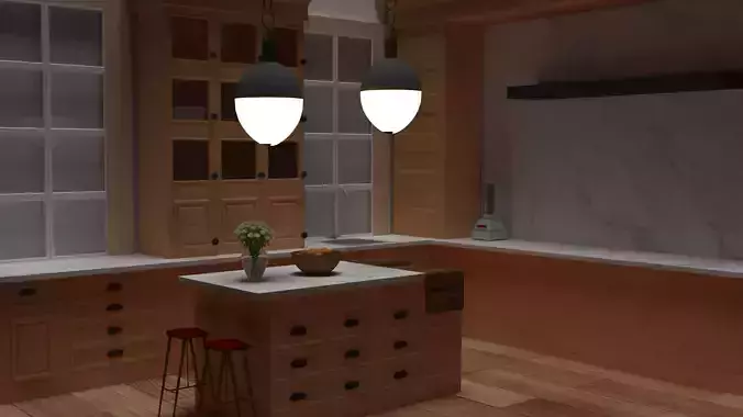 Kitchen Low poly with wooden cabinets and counter tops