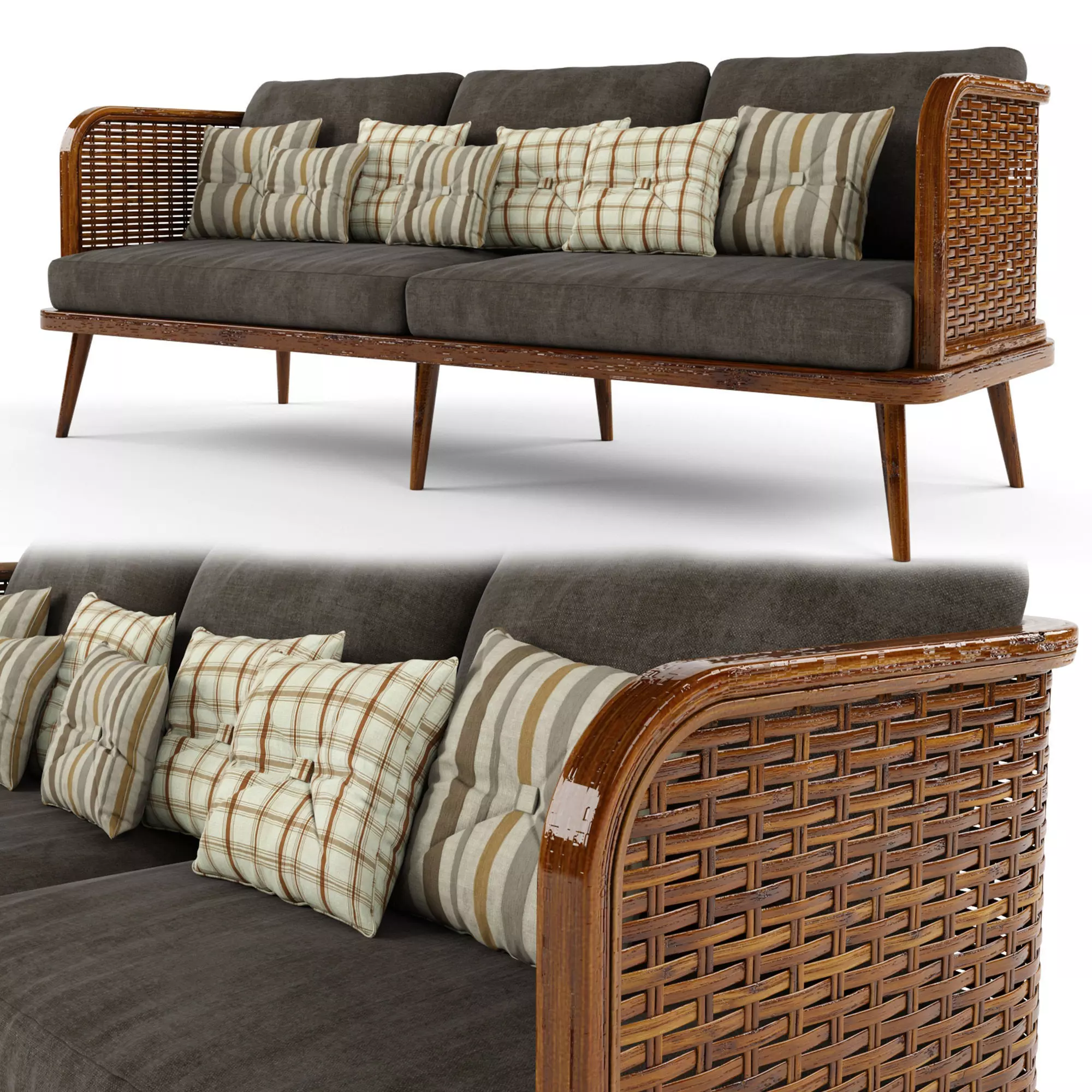 3-seat modular sofa outdoor rattan wood 3D model_0