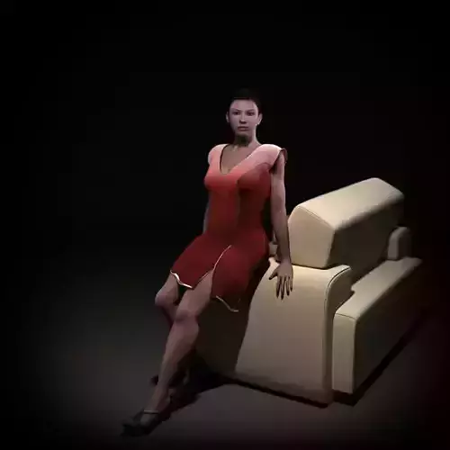 Red Dressed Female On A Leather Couch