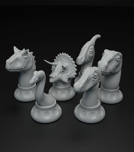 Cute dinosaur chess pieces set intended for 3D printing 3D print model