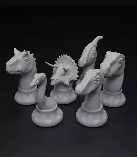 Cute dinosaur chess pieces set intended for 3D printing