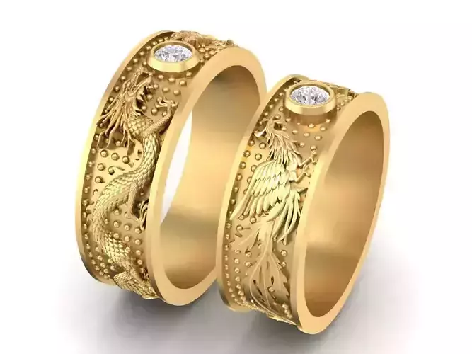 Engraved Couple Rings with Center Stone 1511