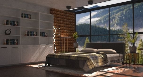 Bedroom with bed and bookshelves Low-poly 3D model_1