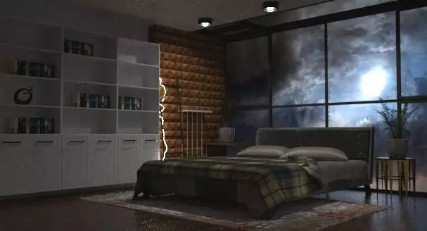 Bedroom with bed and bookshelves Low-poly 3D model_0