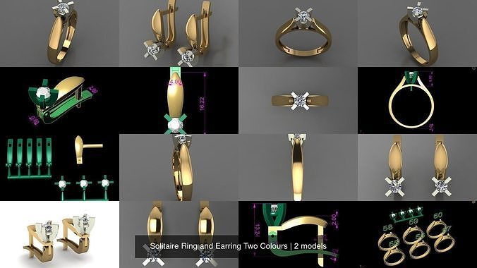 Solitaire Ring and Earring Two Colours 3D Model Collection