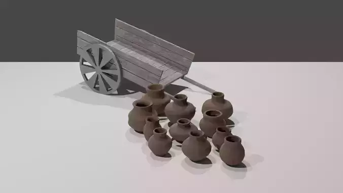 Medieval Pots and Cart Low-poly 3D model