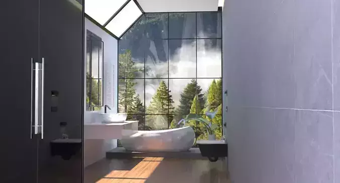 bathroom with mountains