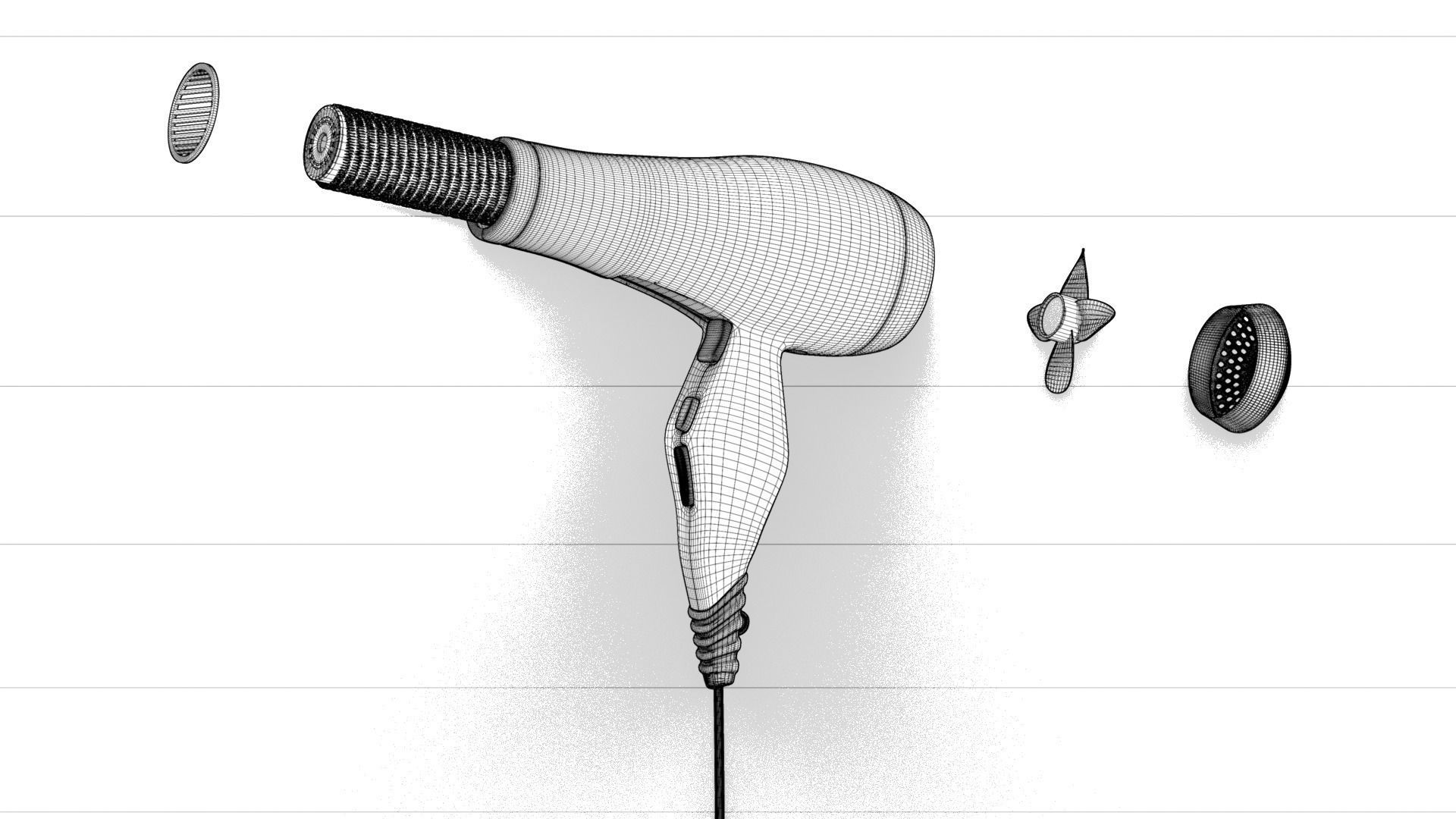 Hair dryer with internal parts and combs 3D model CGTrader