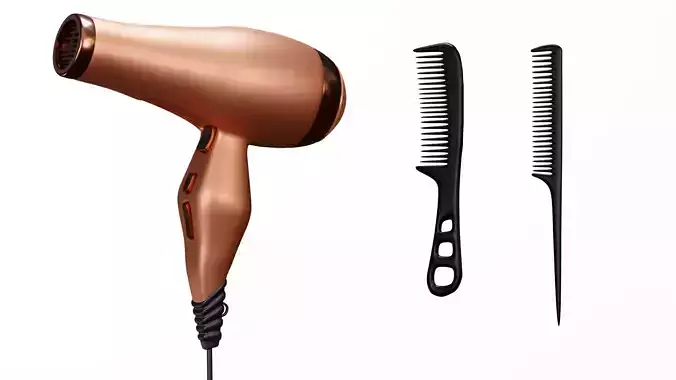 Hair dryer with internal parts and combs 3D model
