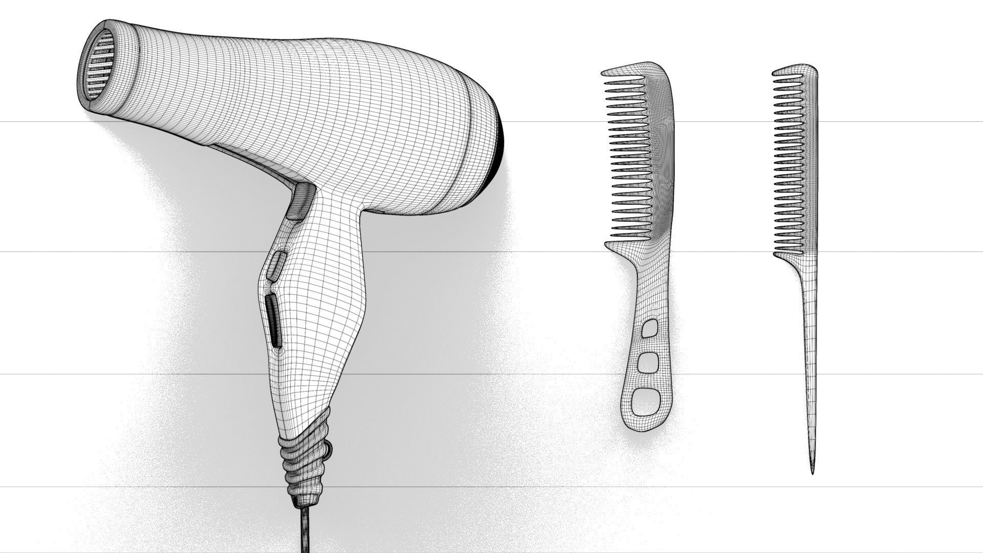 Hair dryer with internal parts and combs 3D model CGTrader