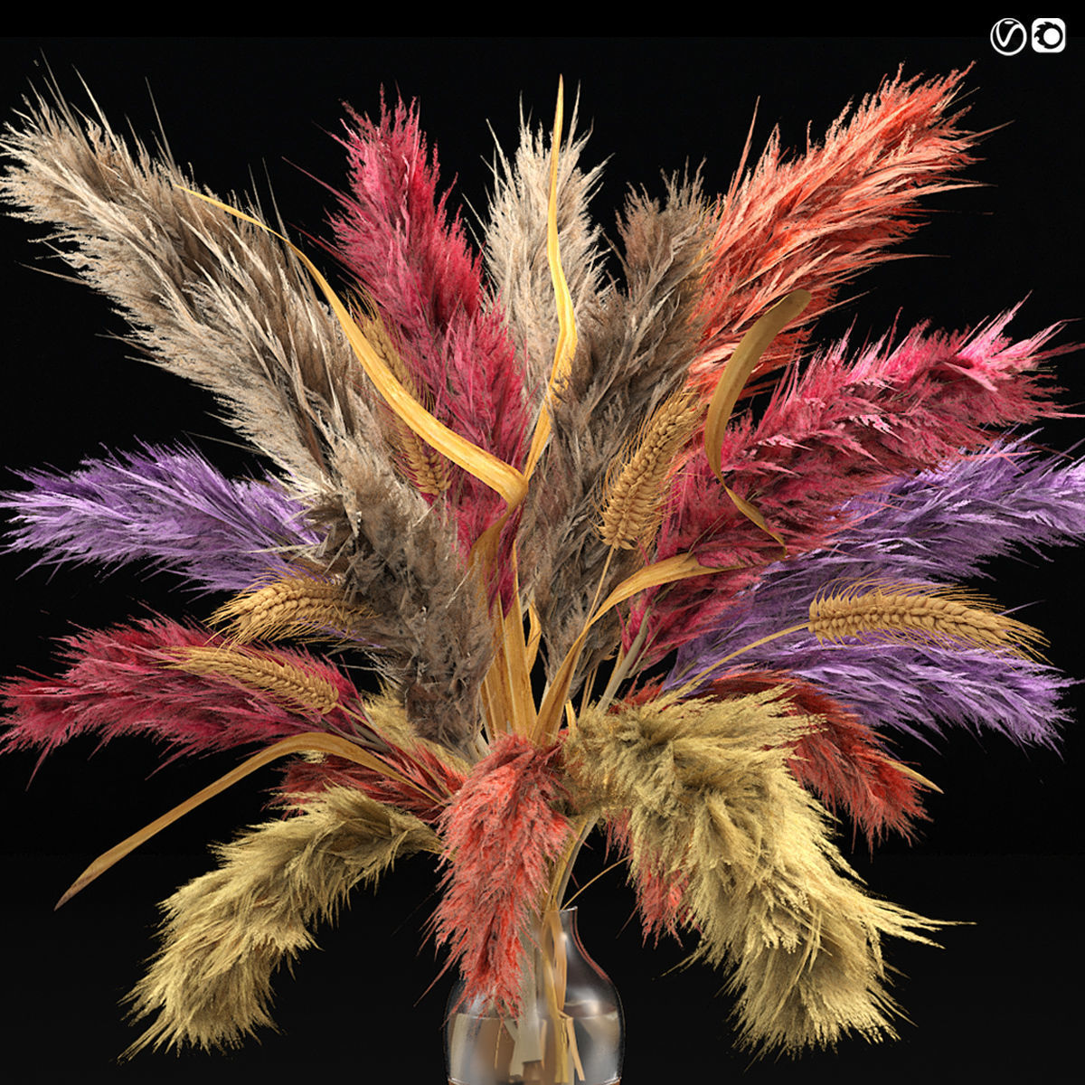 Vase of color pampas grass and Wheat 3D model_1