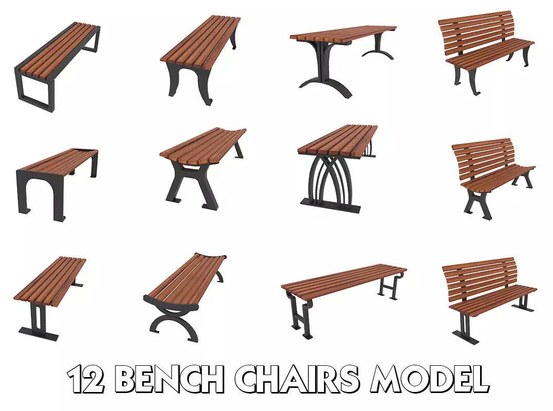 12 Bench Chairs Low-poly 3D model_0