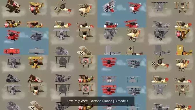 Low Poly WW1 Cartoon Planes 3D Model Collection