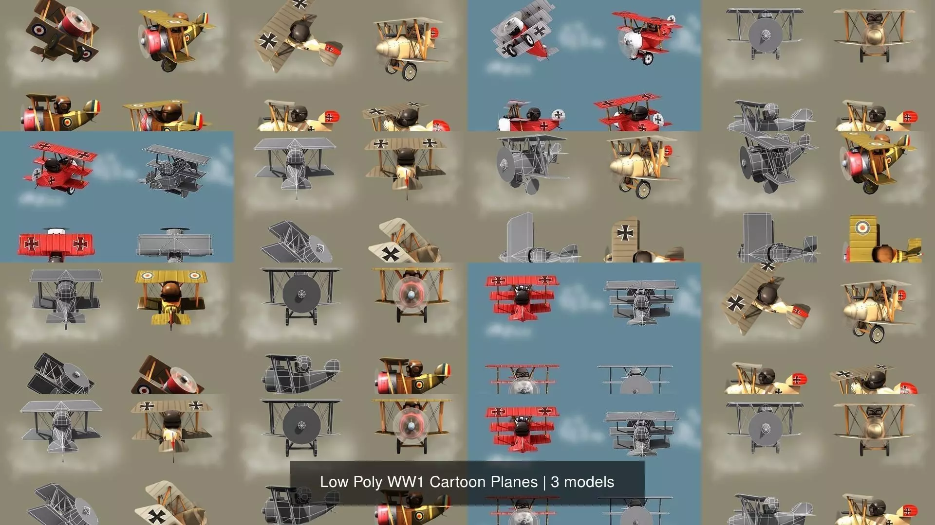 Low Poly WW1 Cartoon Planes 3D Model Collection_0