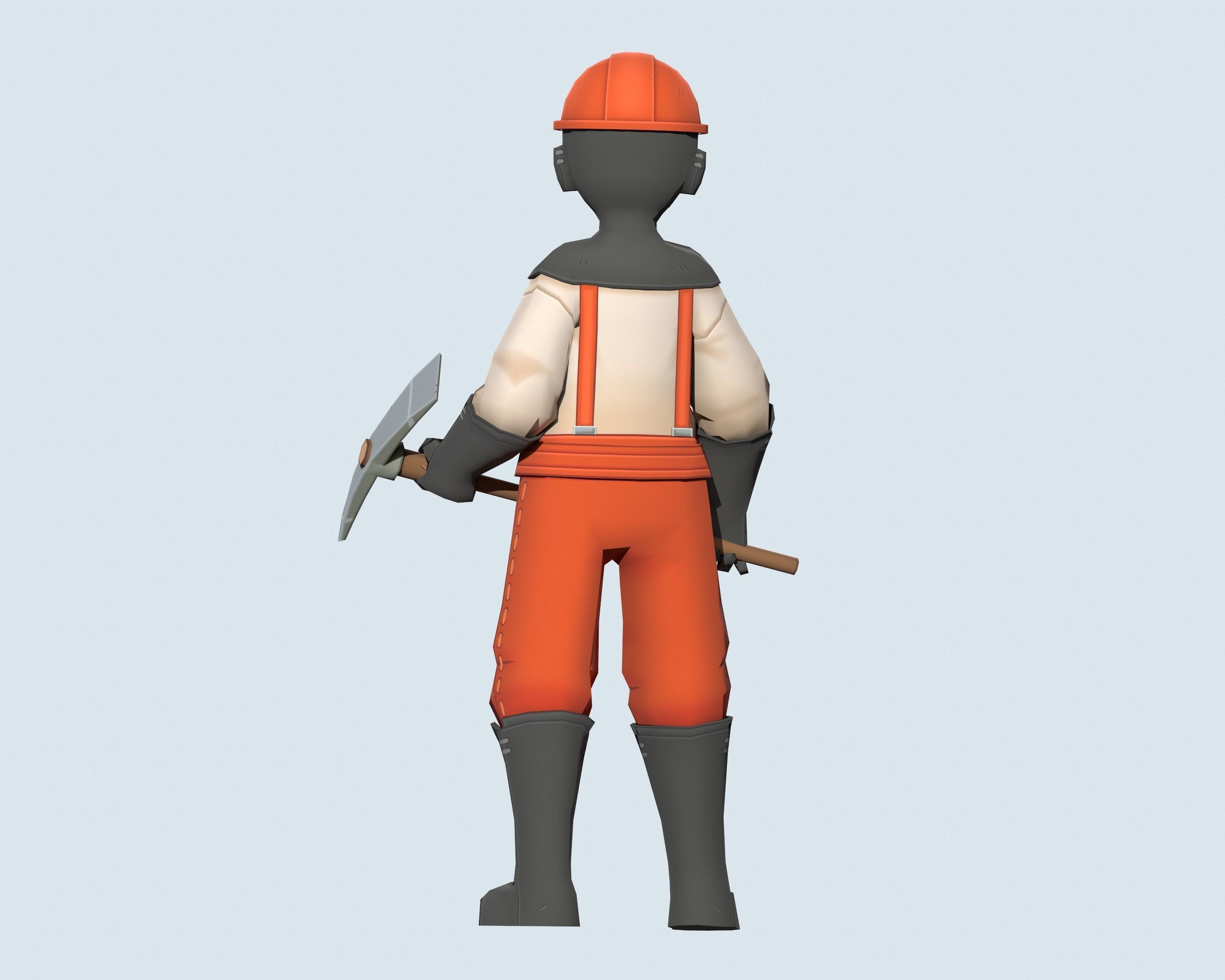 Miner wearing orange overalls and holding shovel Low-poly 3D model_3