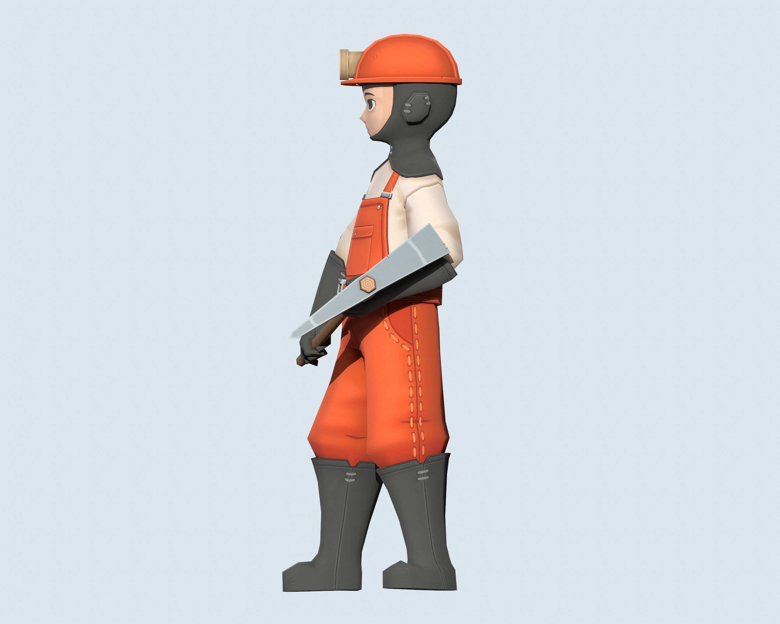 Miner wearing orange overalls and holding shovel Low-poly 3D model_2