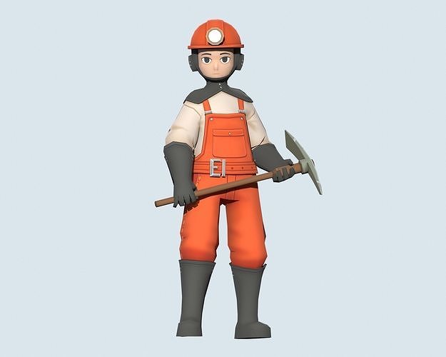 Miner wearing orange overalls and holding shovel Low-poly 3D model