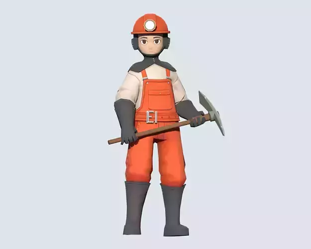 Miner wearing orange overalls and holding shovel Low-poly 3D model