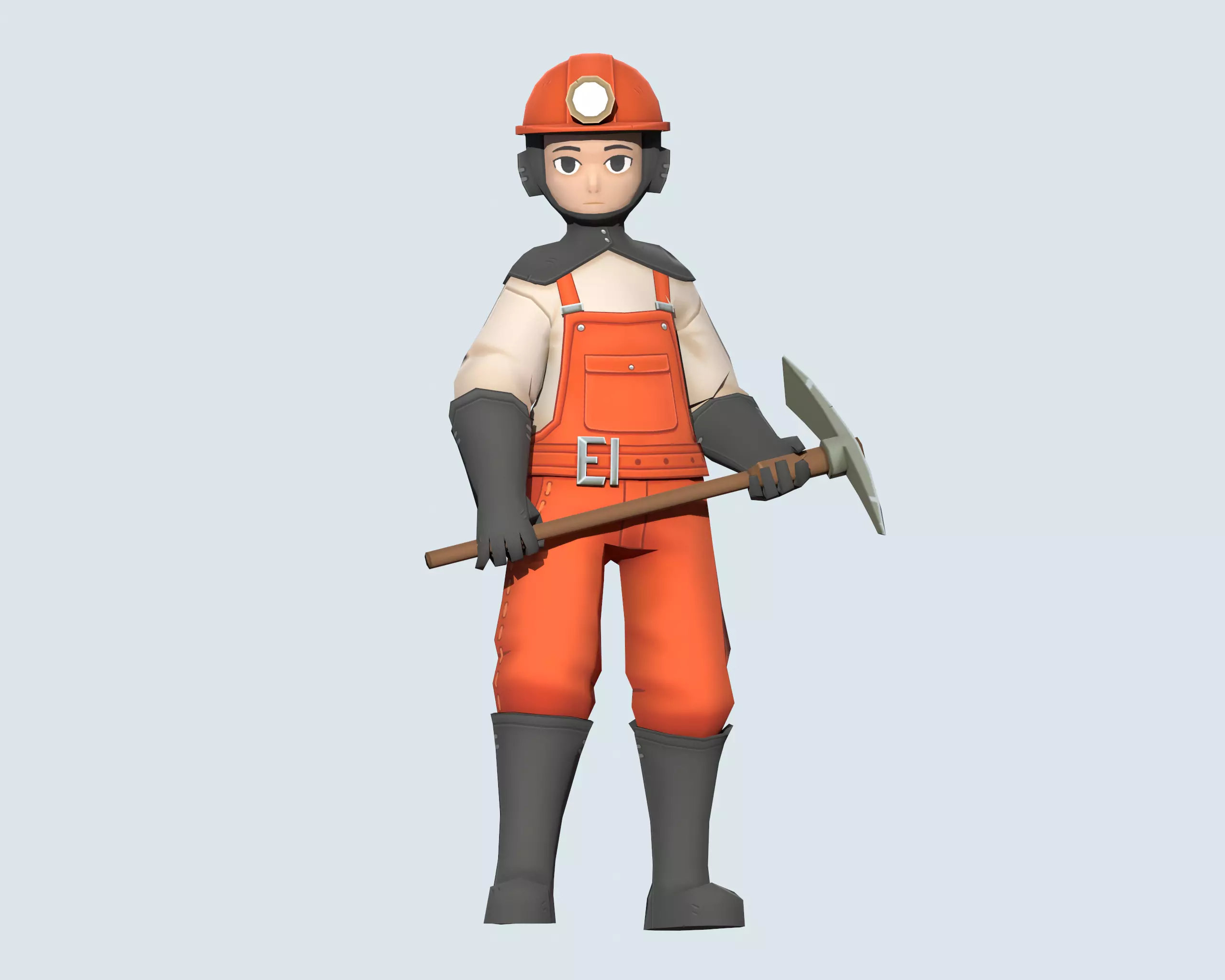 Miner wearing orange overalls and holding shovel Low-poly 3D model_0