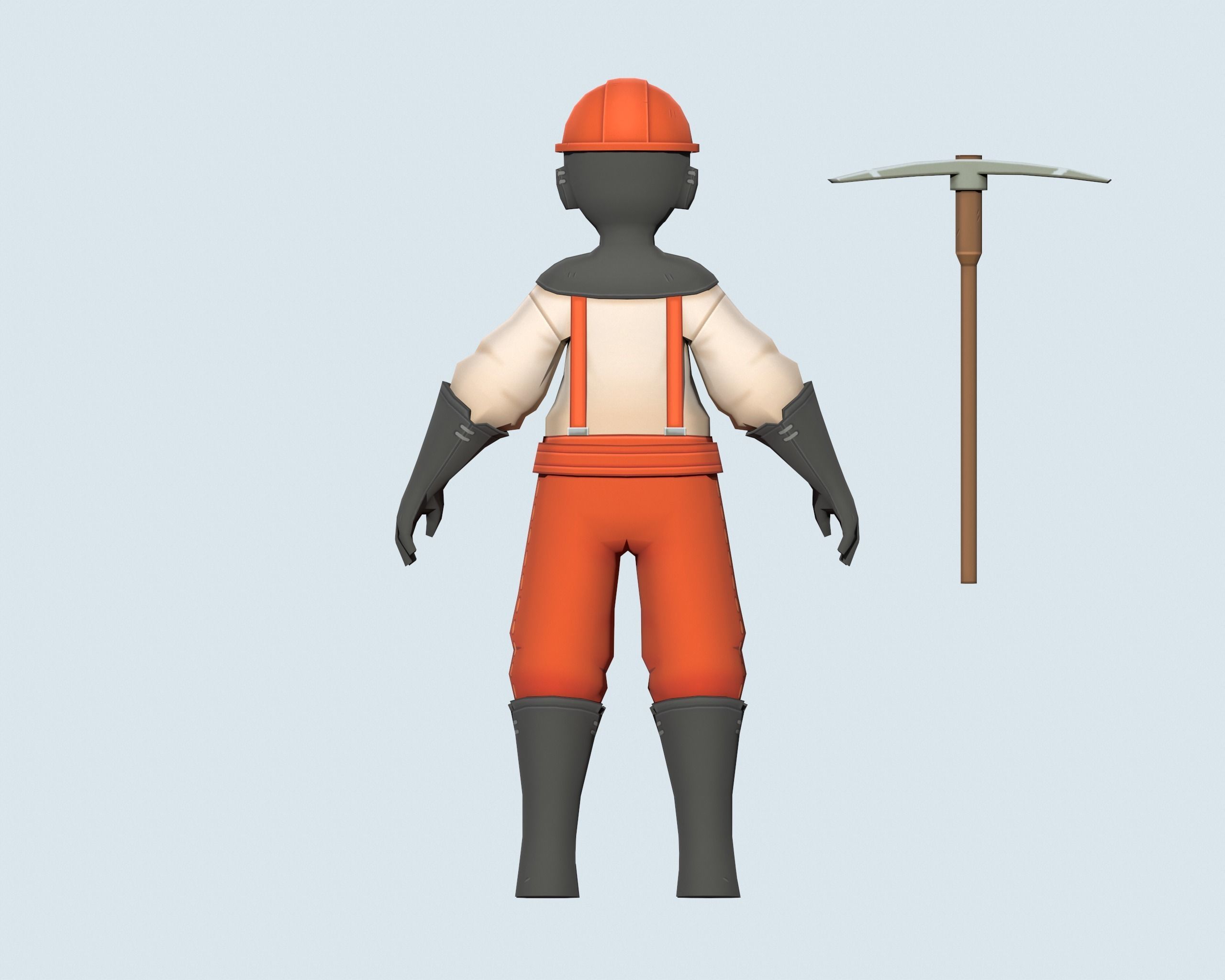 Miner wearing orange overalls and holding shovel Low-poly 3D model_7