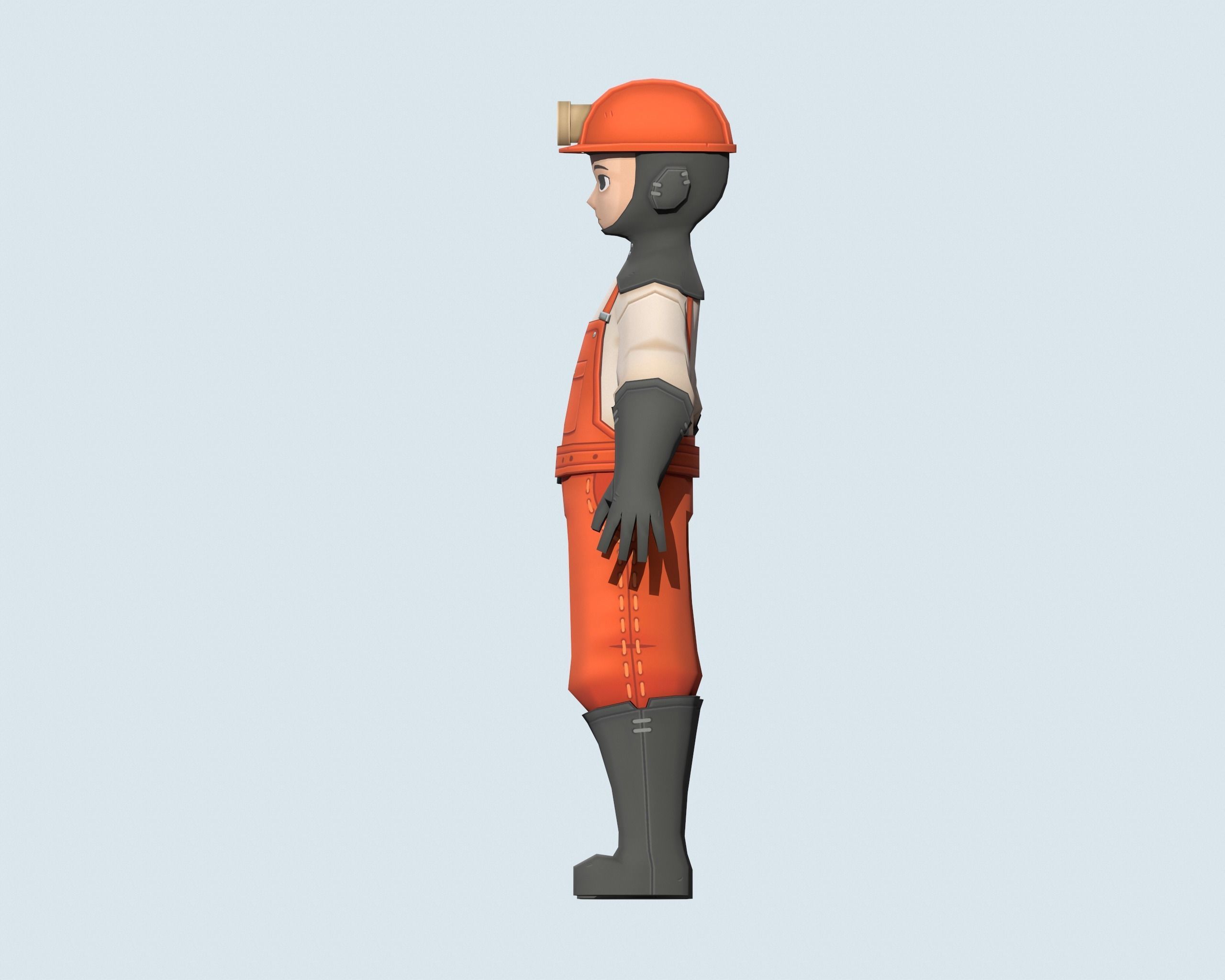 Miner wearing orange overalls and holding shovel Low-poly 3D model_6