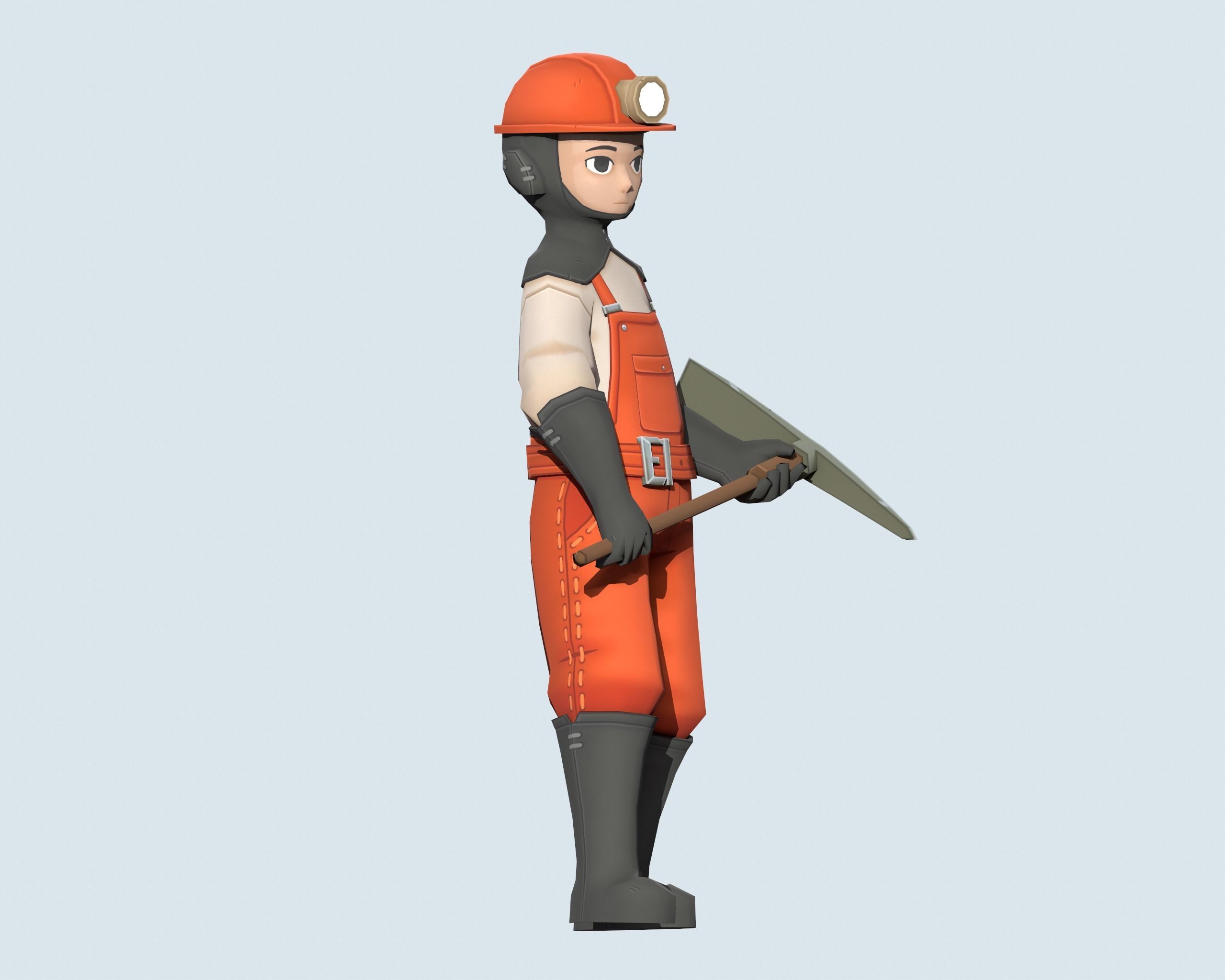 Miner wearing orange overalls and holding shovel Low-poly 3D model_1