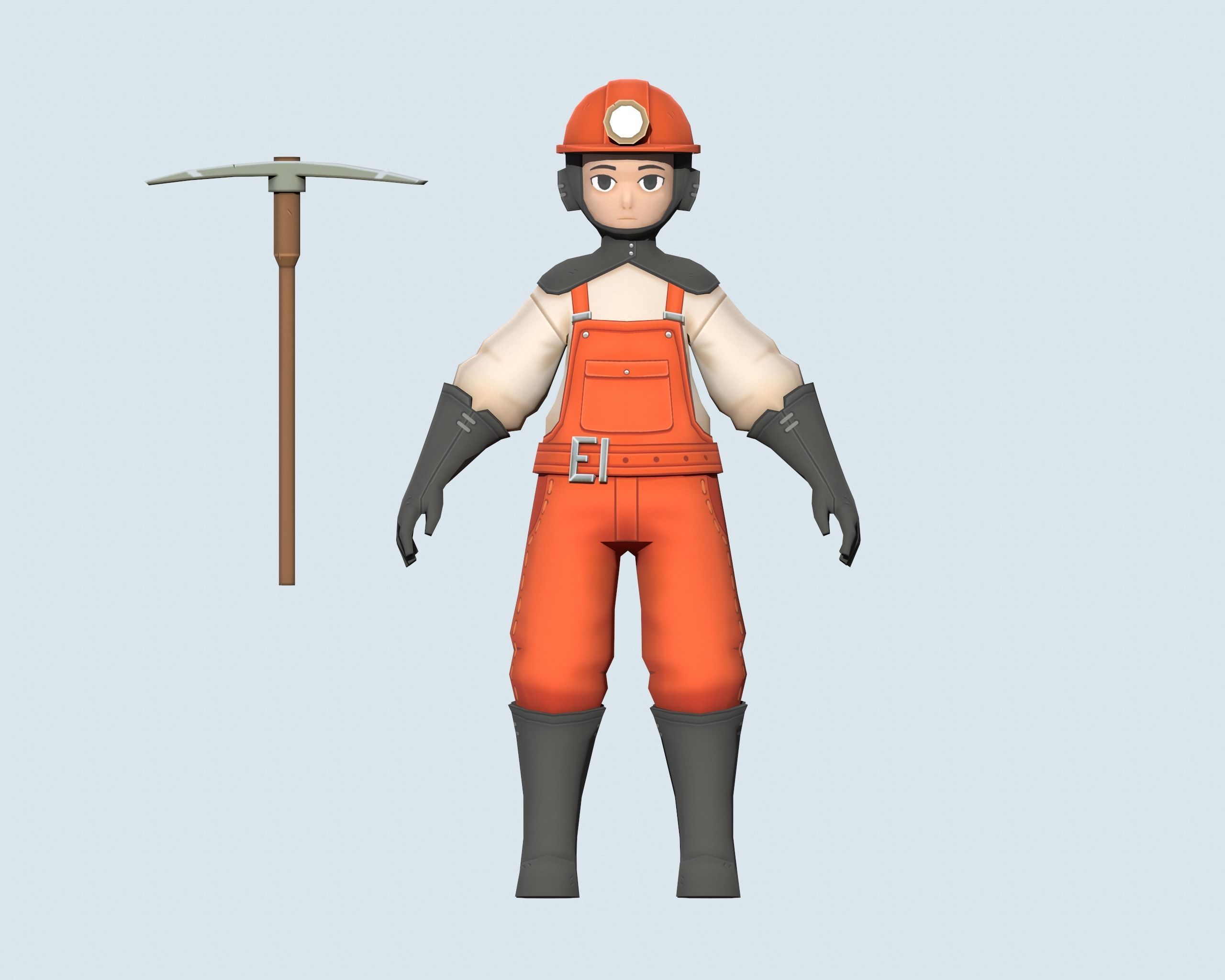 Miner wearing orange overalls and holding shovel Low-poly 3D model_4