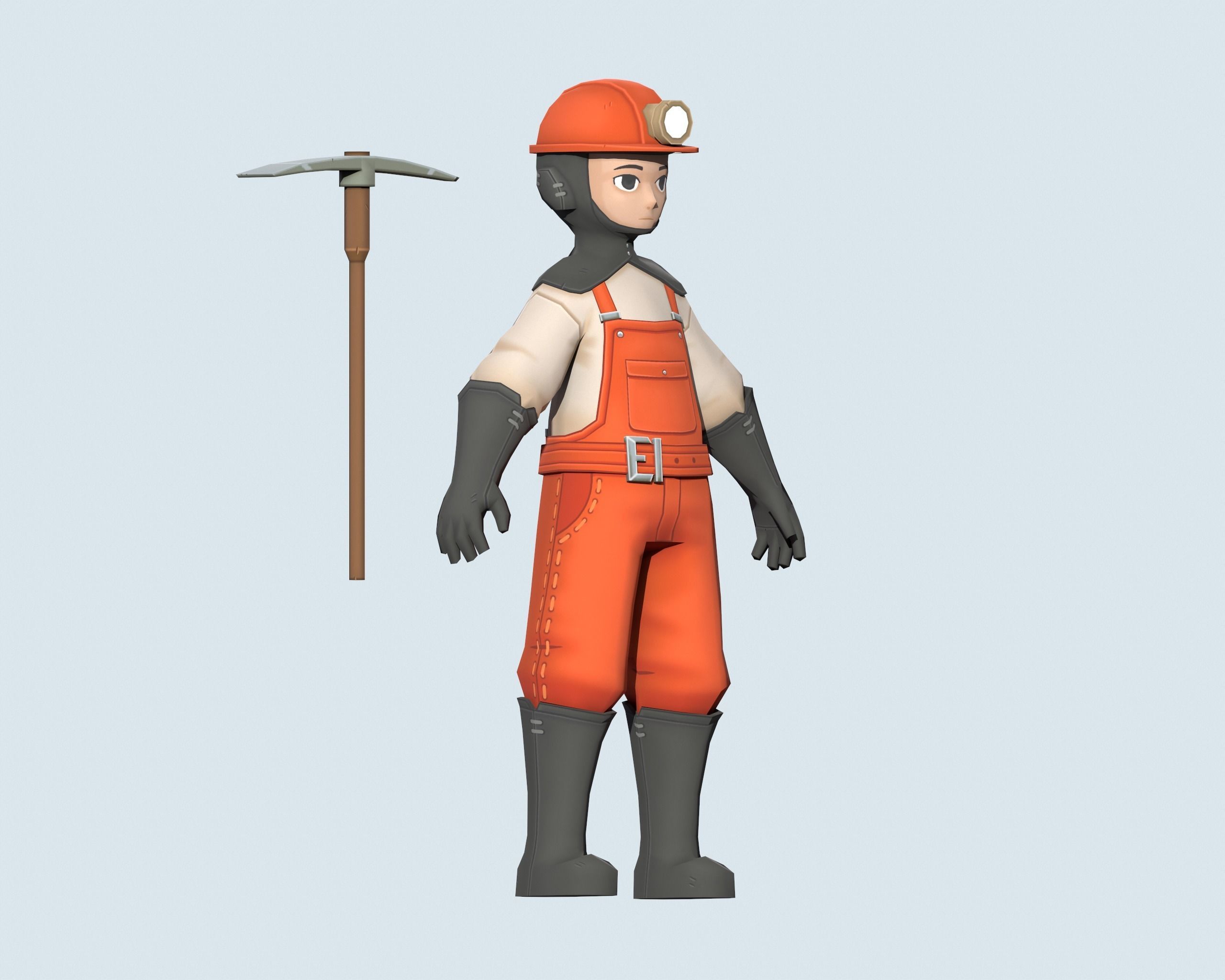 Miner wearing orange overalls and holding shovel Low-poly 3D model_5