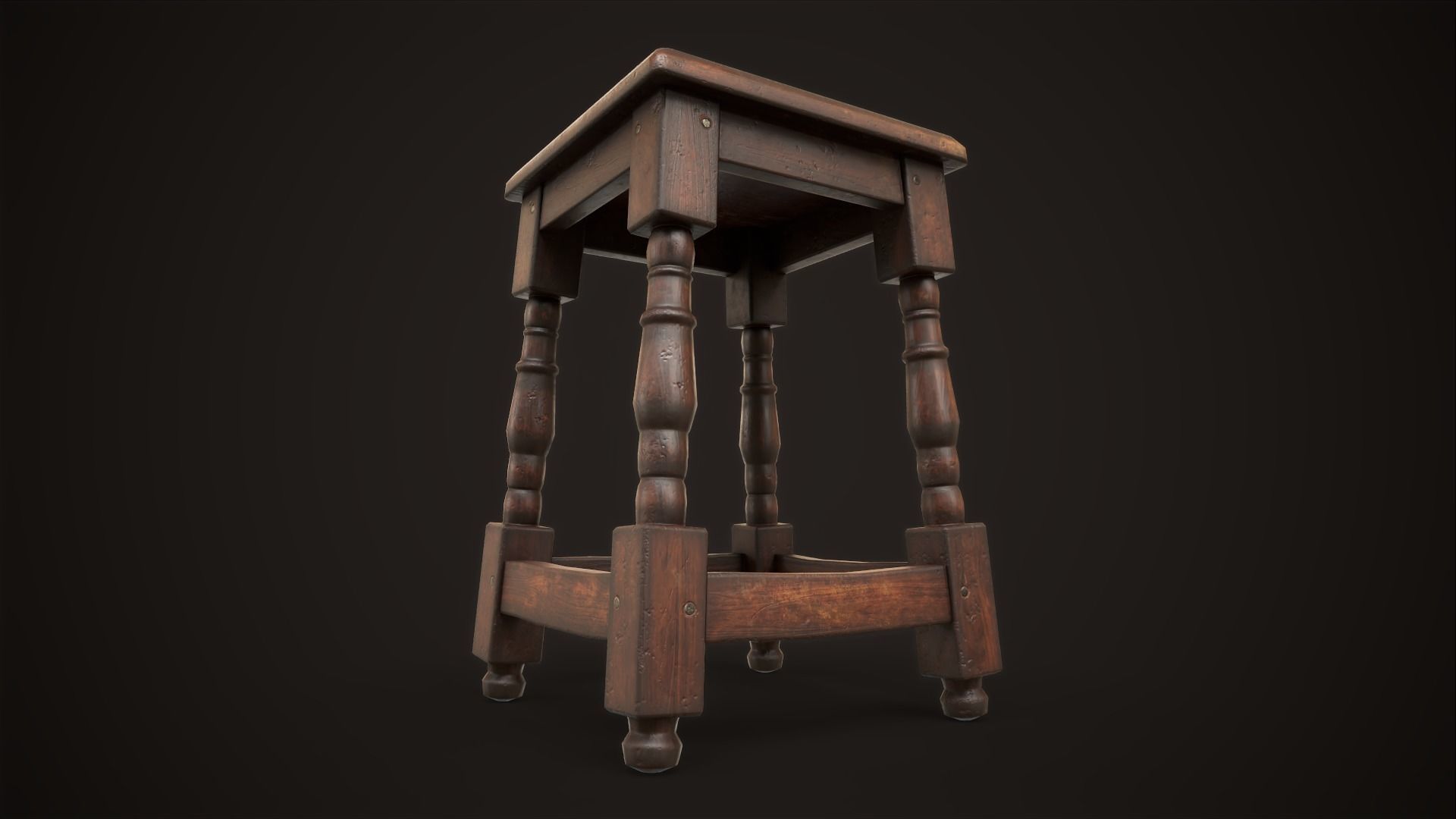 Old medieval stool Low-poly 3D model_5