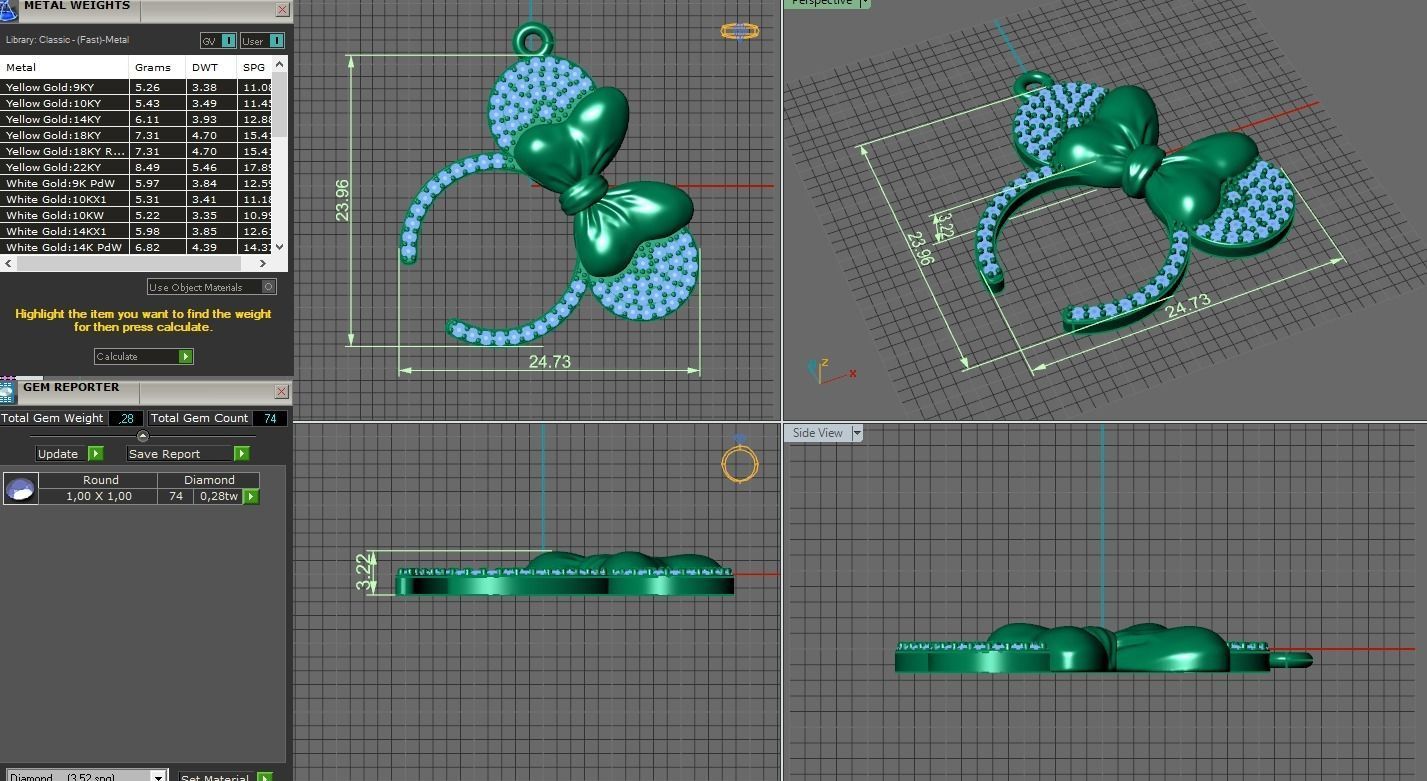 gold minnie mouse pendant with diamonds 3D print model_1