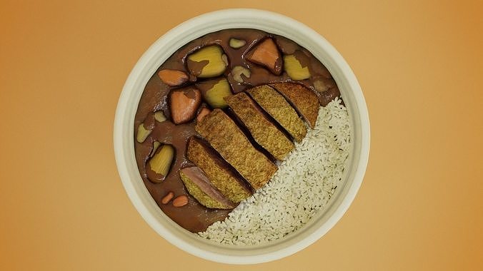 Tonkatsu rice and curry cartoon style 3D model 2