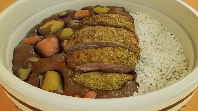 Tonkatsu rice and curry cartoon style 3D model 7