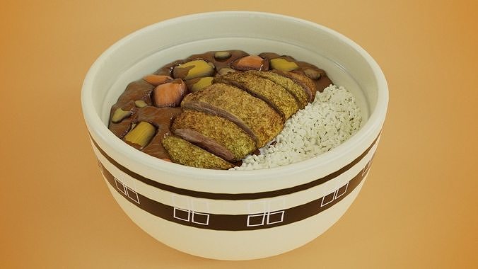 Tonkatsu rice and curry cartoon style 3D model 6