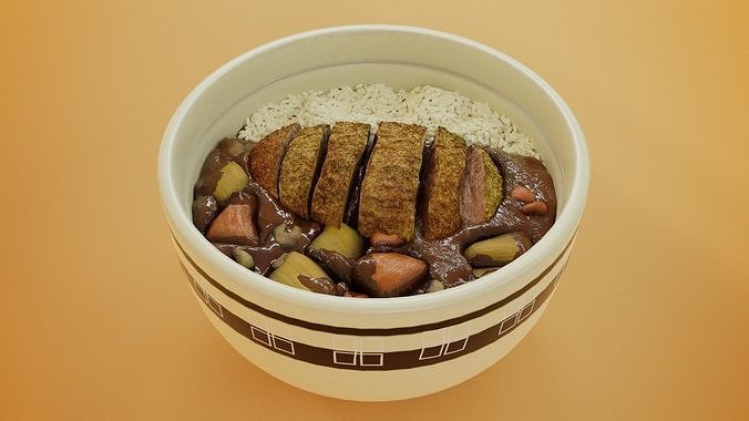 Tonkatsu rice and curry cartoon style 3D model 4