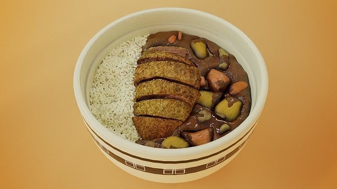 Tonkatsu rice and curry cartoon style 3D model 3
