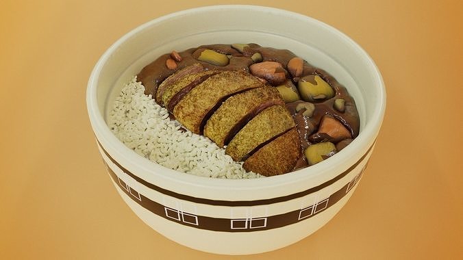 Tonkatsu rice and curry cartoon style 3D model 5