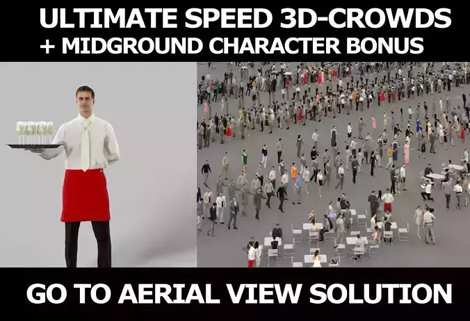 3d crowds and midground Romance with Champagne a Waiter Man 3D Model Collection