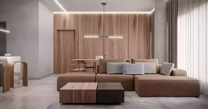 Interior B modern living room with wooden walls Free 3D model