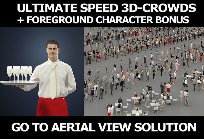3d crowds and Romance with Champagne Foreground Waiter Man 3D Model Collection