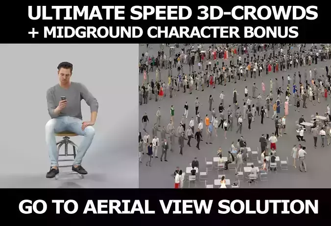 3d crowds and a foreground Virtue casual sitting cell phone man  3D Model Collection