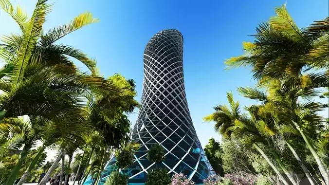 Skyscraper futuristic tower in middle of park