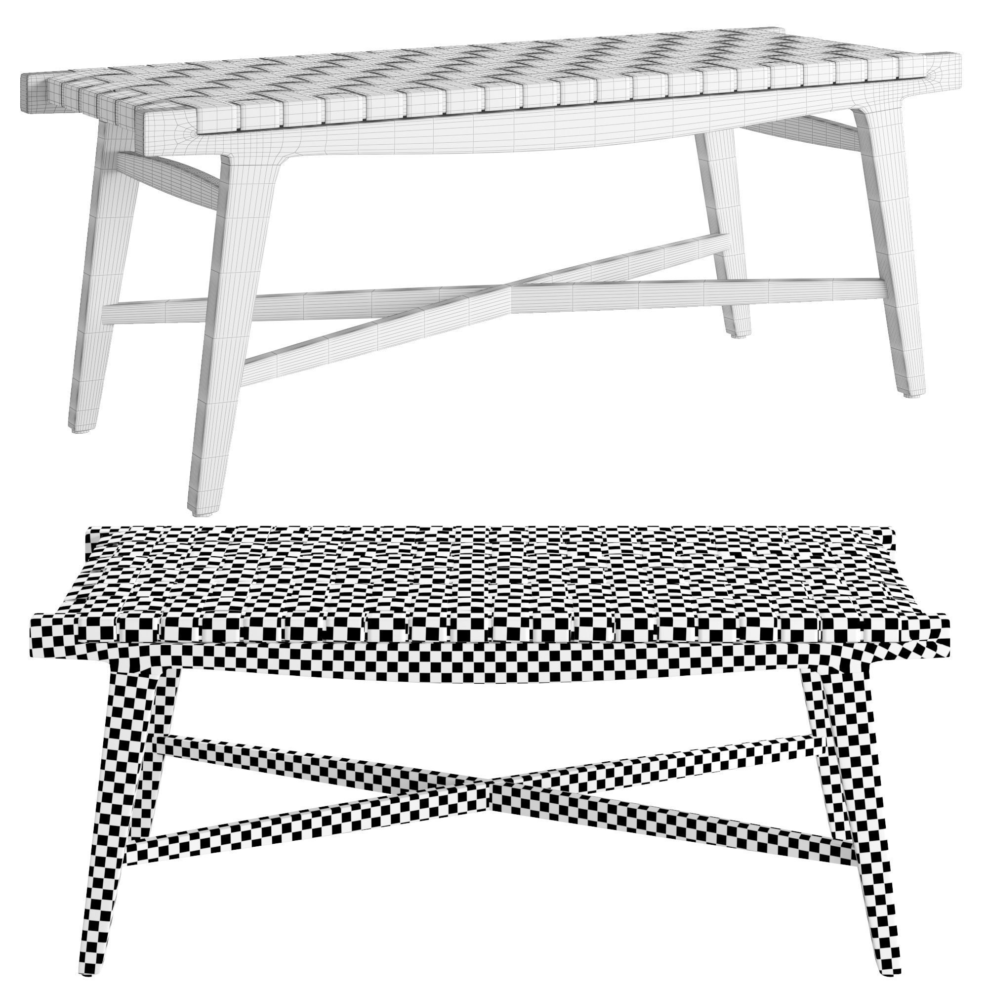Taj White Leather Strap Dining Bench 3D model_1