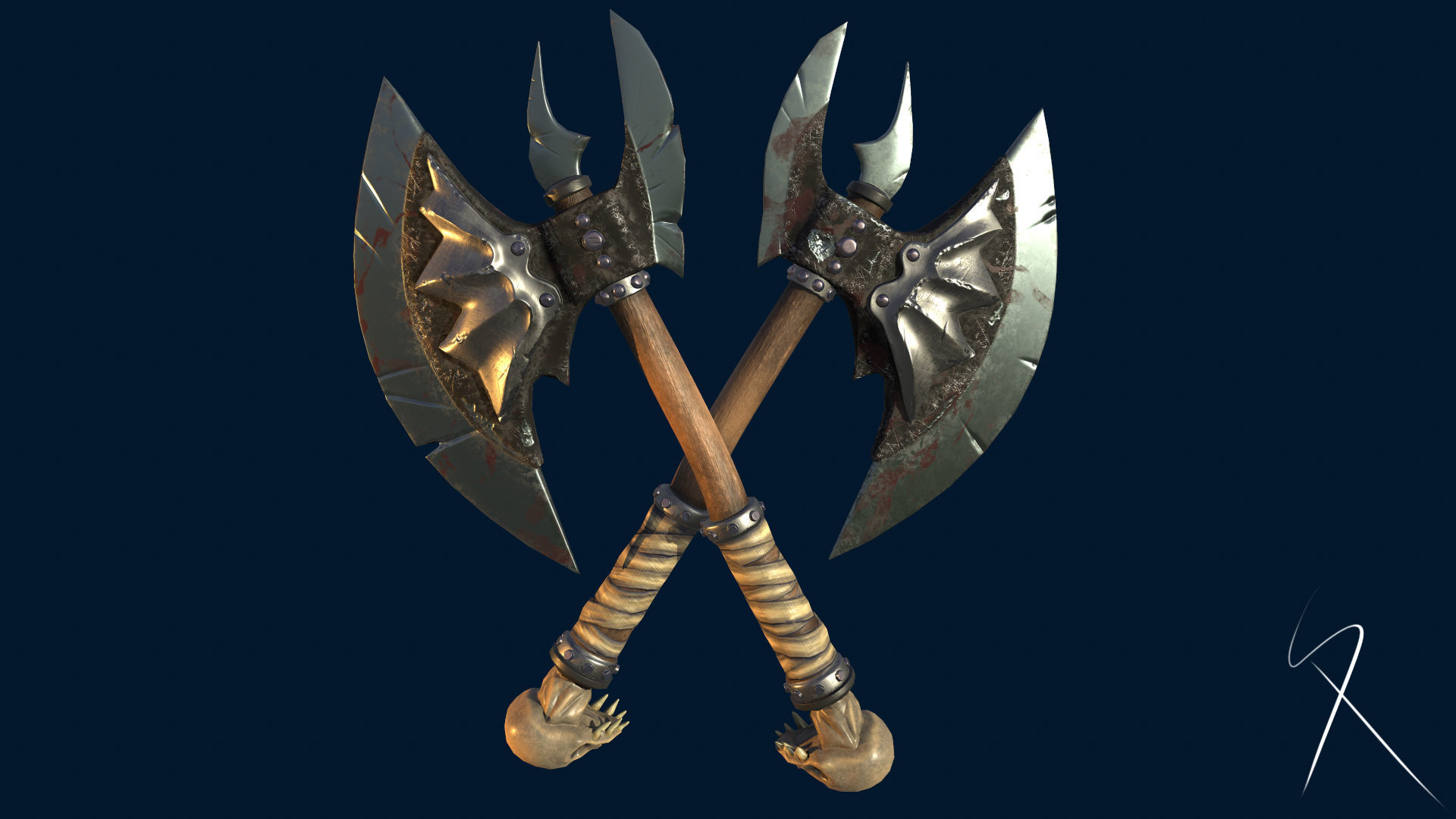 Battle double axes Low-poly 3D model_1