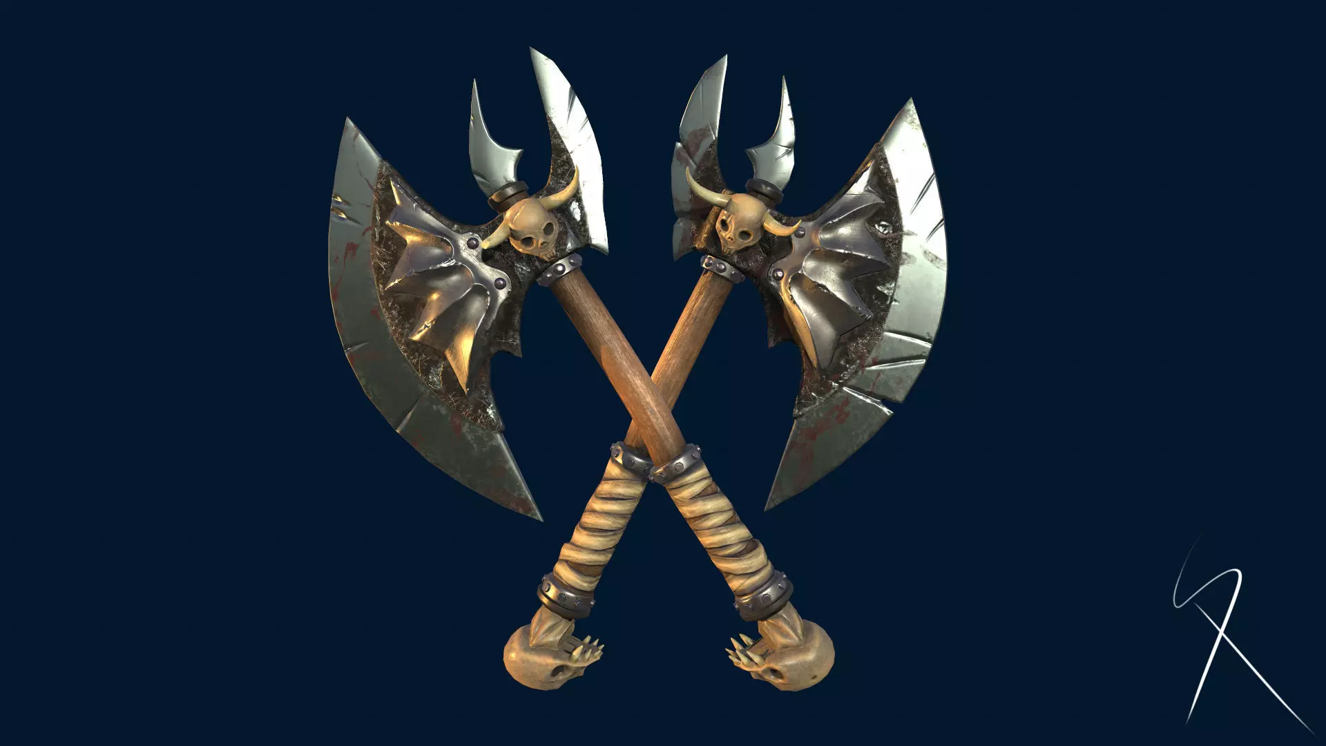 Battle double axes Low-poly 3D model_0