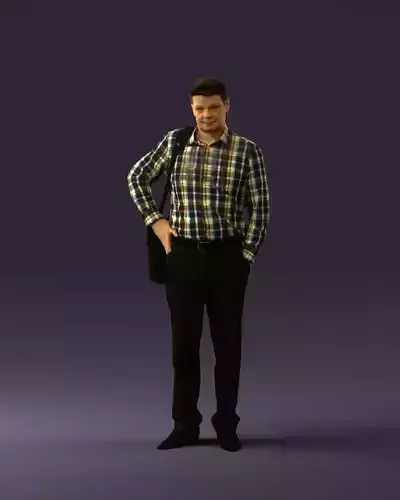 Man in checkered tshirt bag on side 0832