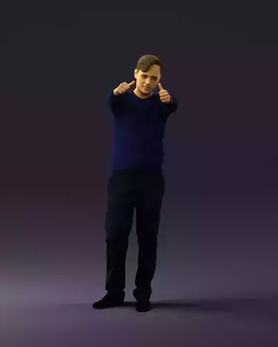 Man in blue top holding hans as photographer 0838