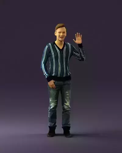 Man in stripped colors sweater hello hand 0839