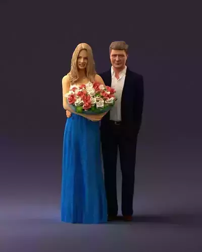 Man and woman in evening dresses bouquet flowers 0868