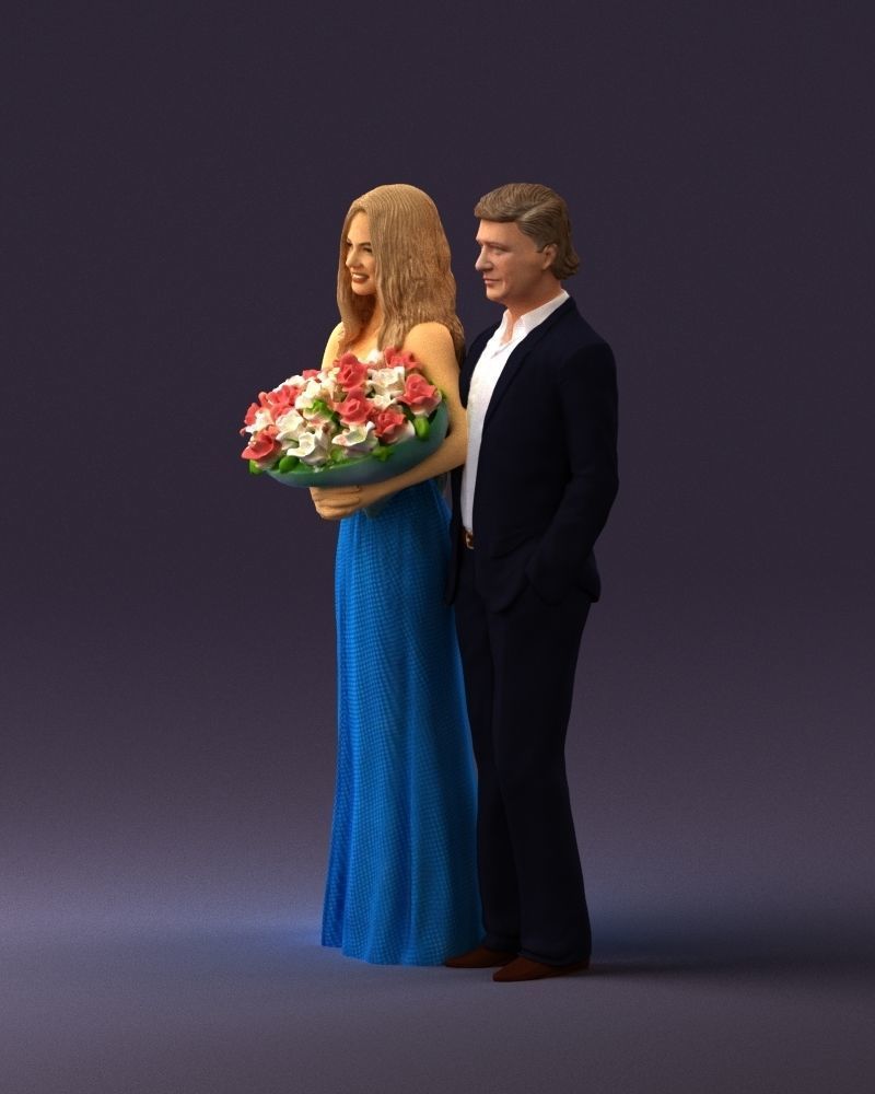 Man and woman in evening dresses bouquet flowers 0868 3D model_9